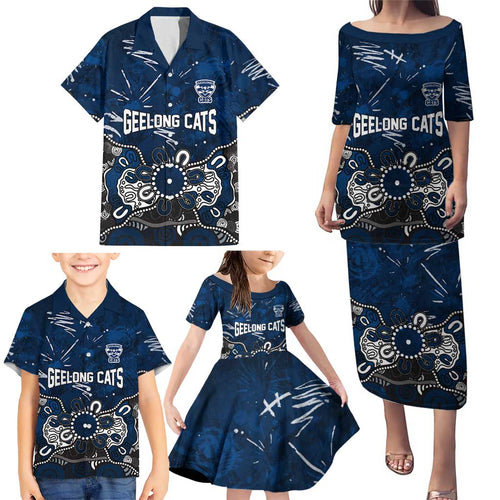 Personalized Geelong Cats Family Matching Puletasi and Hawaiian Shirt Aboriginal Dot Painting Graffiti Style