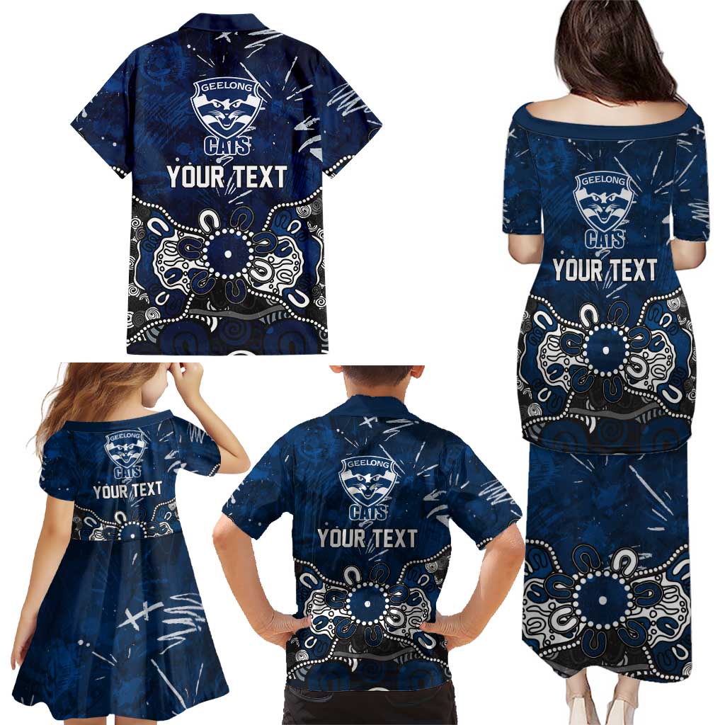 Personalized Geelong Cats Family Matching Puletasi and Hawaiian Shirt Aboriginal Dot Painting Graffiti Style