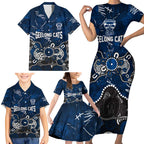 Personalized Geelong Cats Family Matching Short Sleeve Bodycon Dress and Hawaiian Shirt Aboriginal Dot Painting Graffiti Style