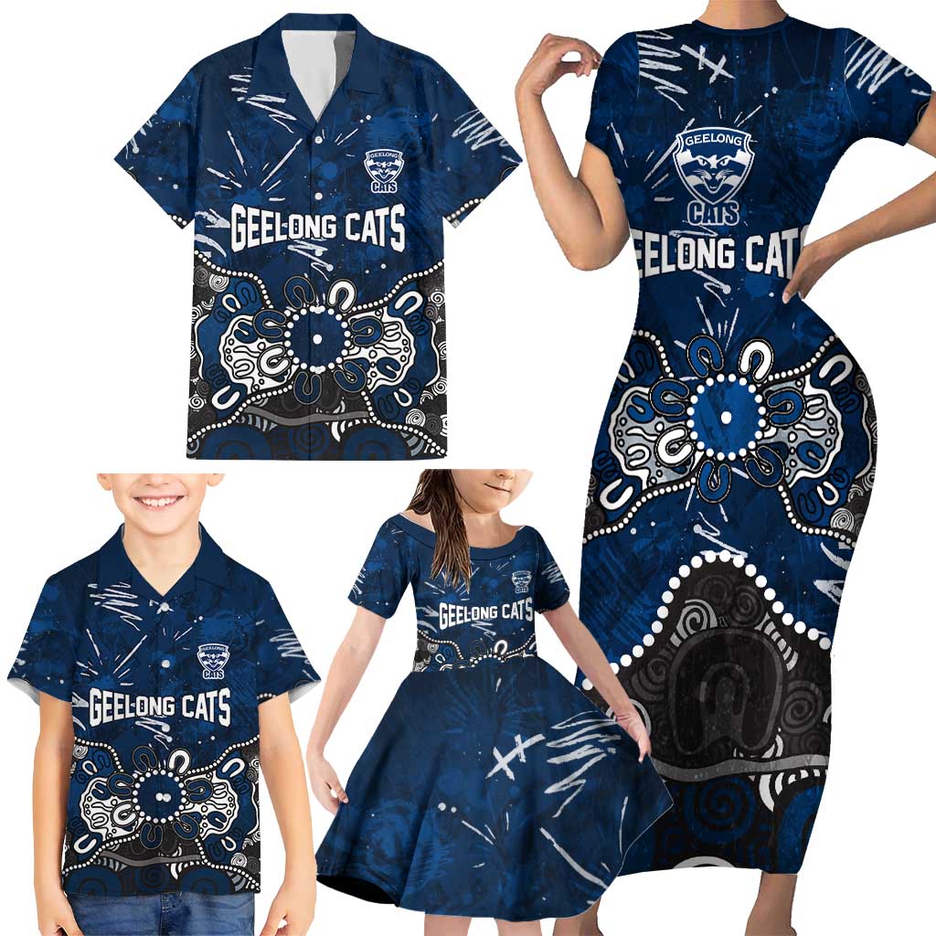 Personalized Geelong Cats Family Matching Short Sleeve Bodycon Dress and Hawaiian Shirt Aboriginal Dot Painting Graffiti Style