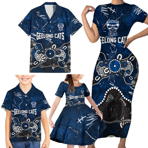 Personalized Geelong Cats Family Matching Short Sleeve Bodycon Dress and Hawaiian Shirt Aboriginal Dot Painting Graffiti Style