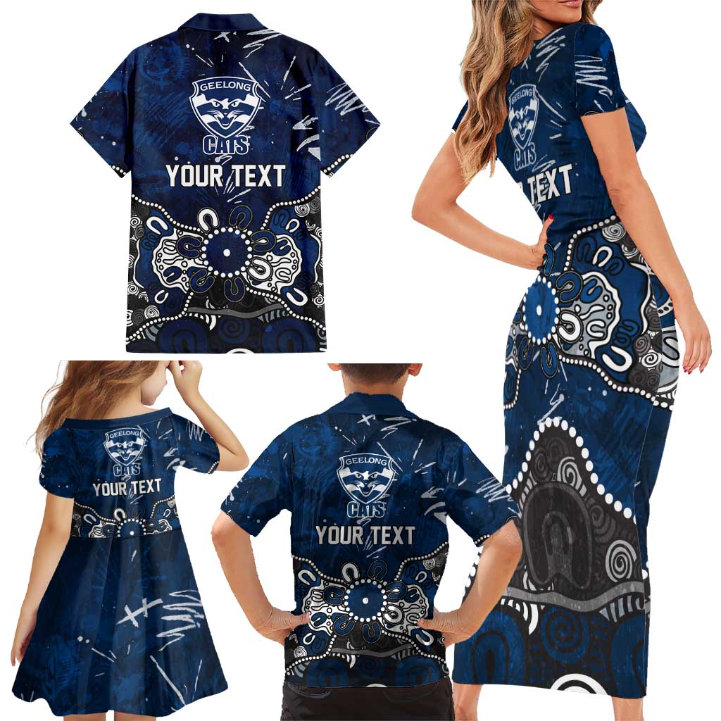 Personalized Geelong Cats Family Matching Short Sleeve Bodycon Dress and Hawaiian Shirt Aboriginal Dot Painting Graffiti Style