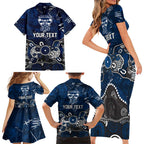 Personalized Geelong Cats Family Matching Short Sleeve Bodycon Dress and Hawaiian Shirt Aboriginal Dot Painting Graffiti Style