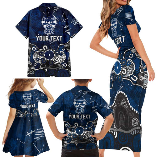 Personalized Geelong Cats Family Matching Short Sleeve Bodycon Dress and Hawaiian Shirt Aboriginal Dot Painting Graffiti Style