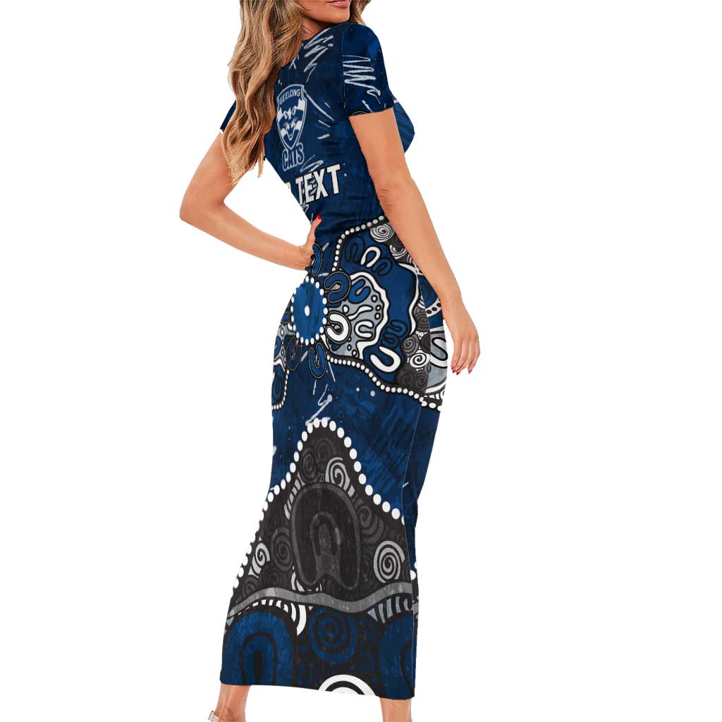 Personalized Geelong Cats Family Matching Short Sleeve Bodycon Dress and Hawaiian Shirt Aboriginal Dot Painting Graffiti Style
