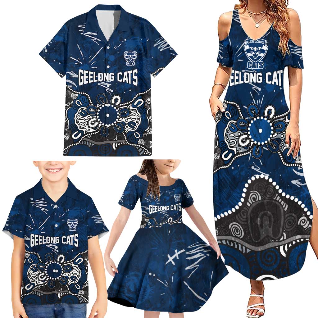 Personalized Geelong Cats Family Matching Summer Maxi Dress and Hawaiian Shirt Aboriginal Dot Painting Graffiti Style