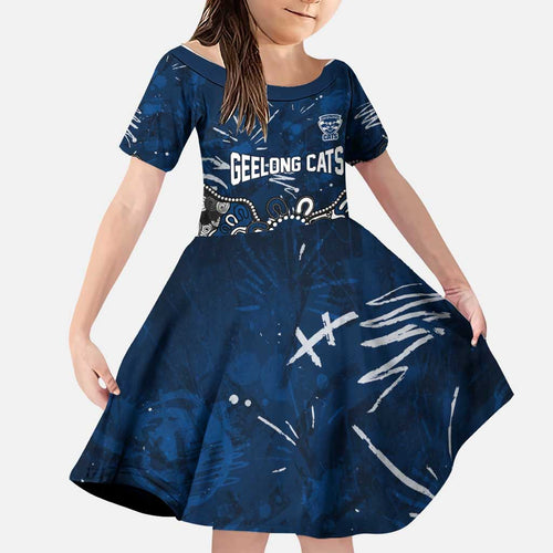 Personalized Geelong Cats Family Matching Summer Maxi Dress and Hawaiian Shirt Aboriginal Dot Painting Graffiti Style