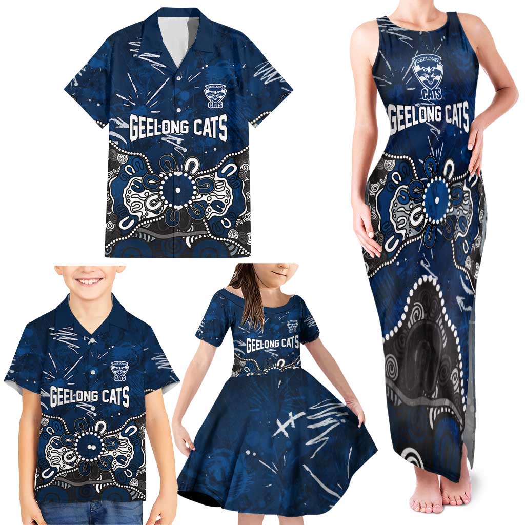 Personalized Geelong Cats Family Matching Tank Maxi Dress and Hawaiian Shirt Aboriginal Dot Painting Graffiti Style