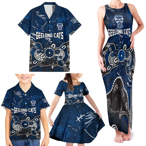 Personalized Geelong Cats Family Matching Tank Maxi Dress and Hawaiian Shirt Aboriginal Dot Painting Graffiti Style