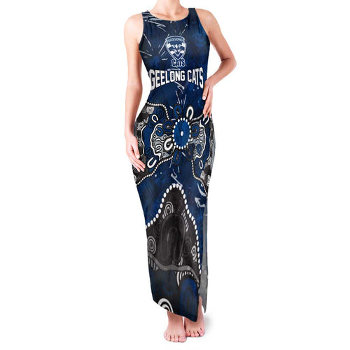 Personalized Geelong Cats Family Matching Tank Maxi Dress and Hawaiian Shirt Aboriginal Dot Painting Graffiti Style