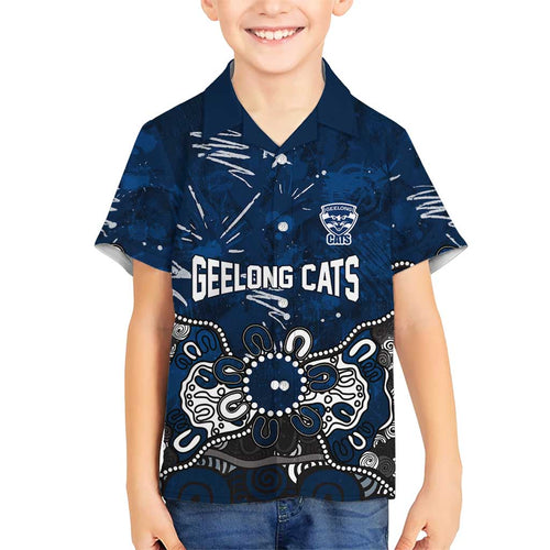 Personalized Geelong Cats Family Matching Tank Maxi Dress and Hawaiian Shirt Aboriginal Dot Painting Graffiti Style