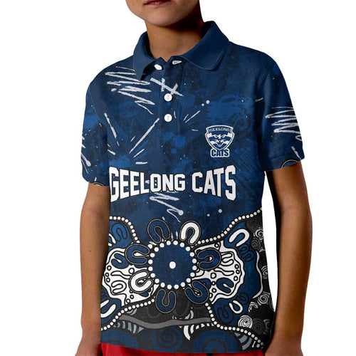Personalized Geelong Cats Kid Polo Shirt Aboriginal Dot Painting Graffiti Style
