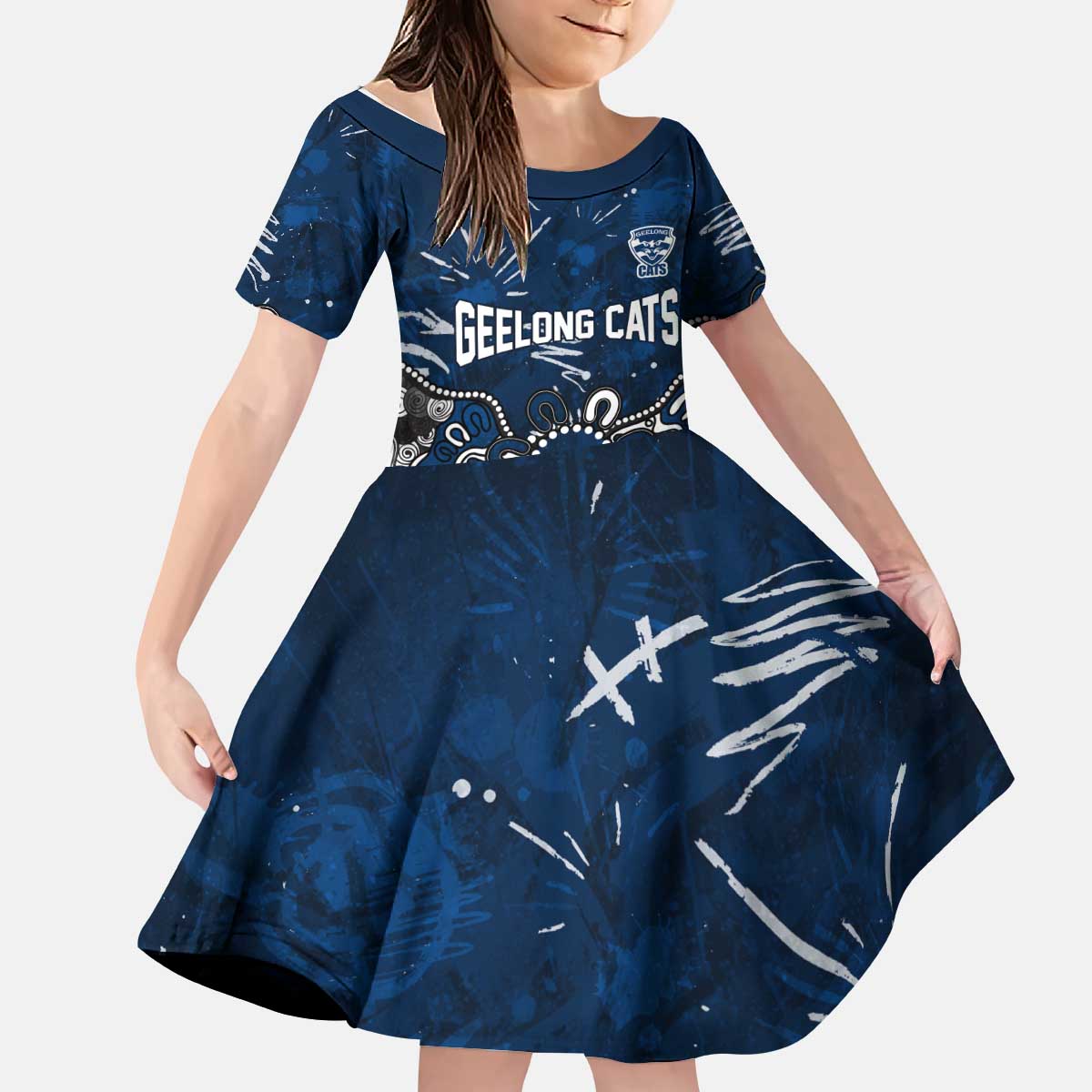 Personalized Geelong Cats Kid Short Sleeve Dress Aboriginal Dot Painting Graffiti Style