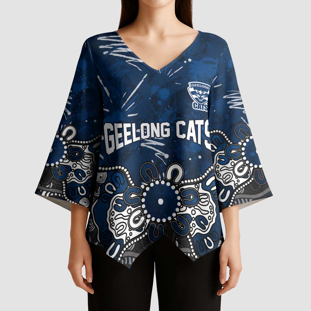 Personalized Geelong Cats Kimono Sleeve Blouse Aboriginal Dot Painting Graffiti Style