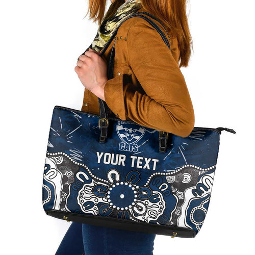 Personalized Geelong Cats Leather Tote Bag Aboriginal Dot Painting Graffiti Style