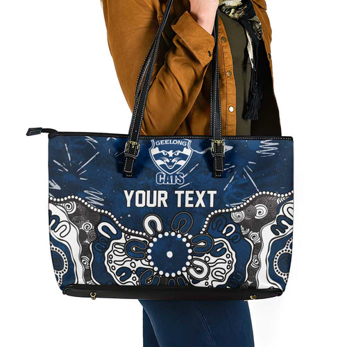 Personalized Geelong Cats Leather Tote Bag Aboriginal Dot Painting Graffiti Style