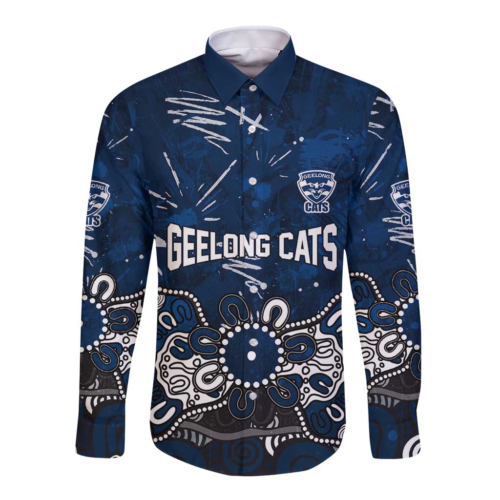 Personalized Geelong Cats Long Sleeve Button Shirt Aboriginal Dot Painting Graffiti Style