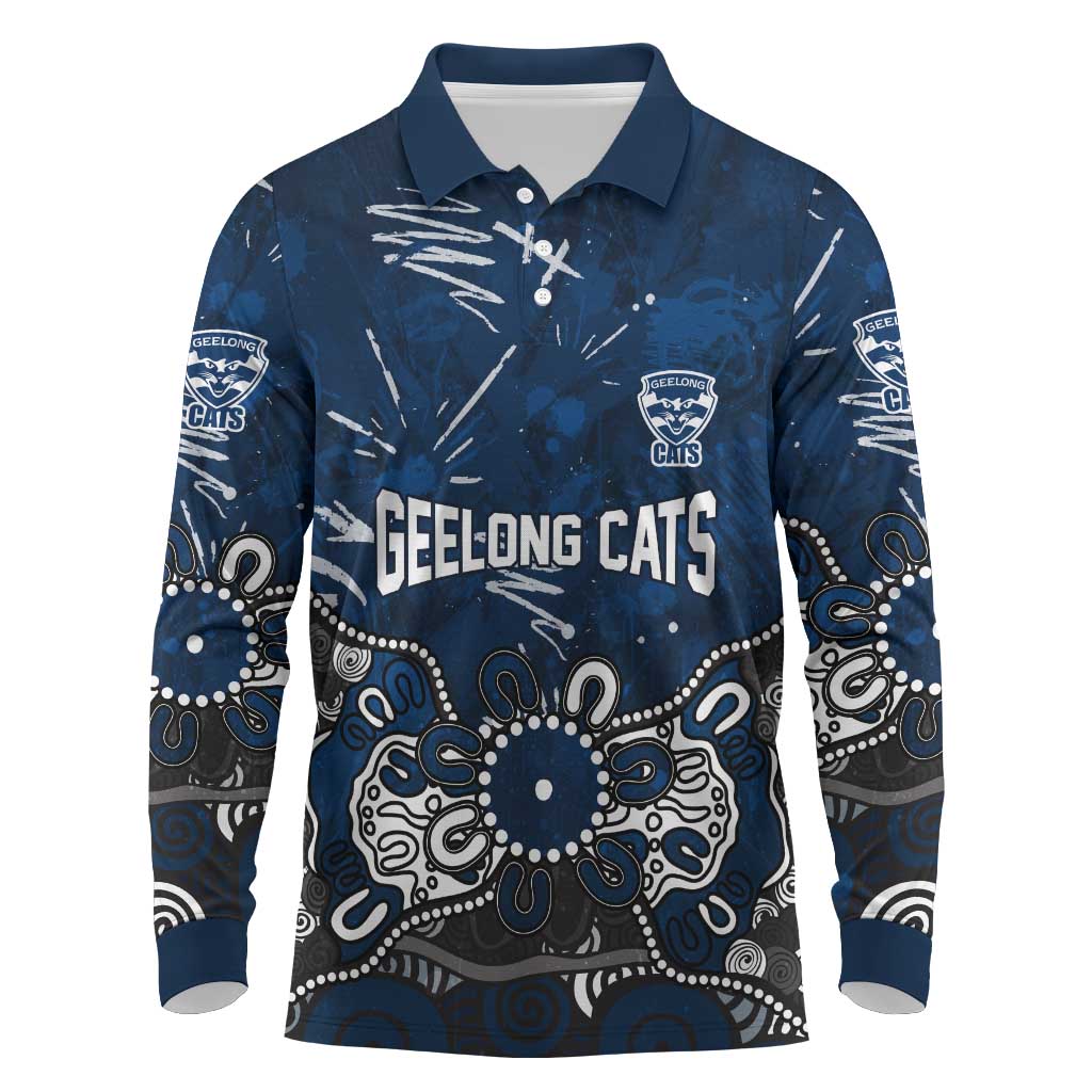 Personalized Geelong Cats Long Sleeve Polo Shirt Aboriginal Dot Painting Graffiti Style
