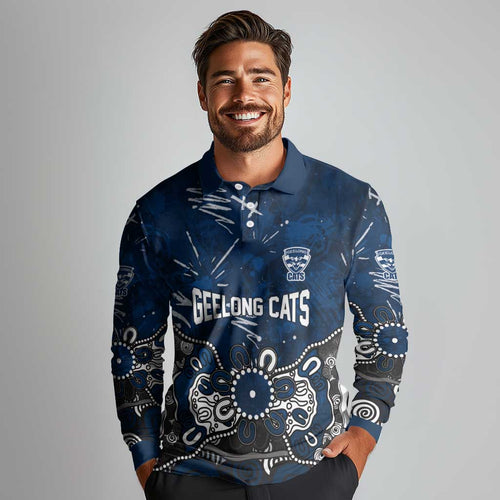 Personalized Geelong Cats Long Sleeve Polo Shirt Aboriginal Dot Painting Graffiti Style