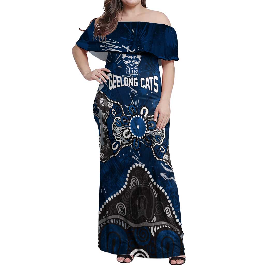 Personalized Geelong Cats Off Shoulder Maxi Dress Aboriginal Dot Painting Graffiti Style