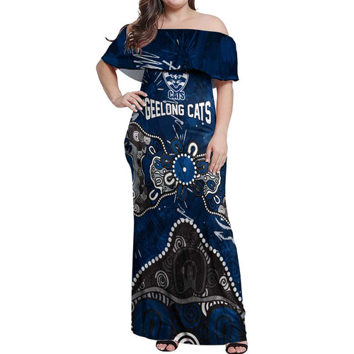 Personalized Geelong Cats Off Shoulder Maxi Dress Aboriginal Dot Painting Graffiti Style