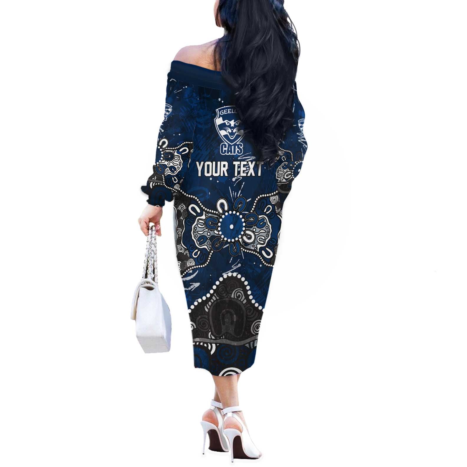 Personalized Geelong Cats Off The Shoulder Long Sleeve Dress Aboriginal Dot Painting Graffiti Style