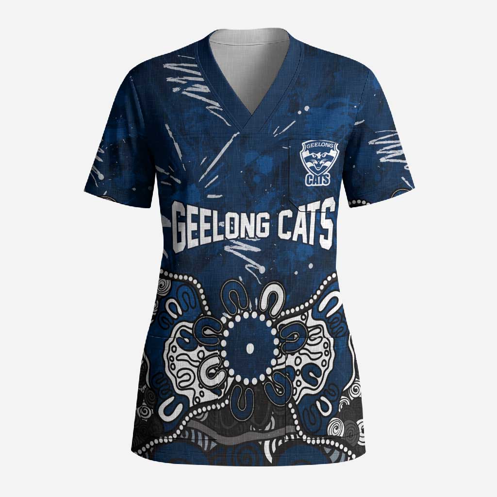 Personalized Geelong Cats Scrub Top Aboriginal Dot Painting Graffiti Style