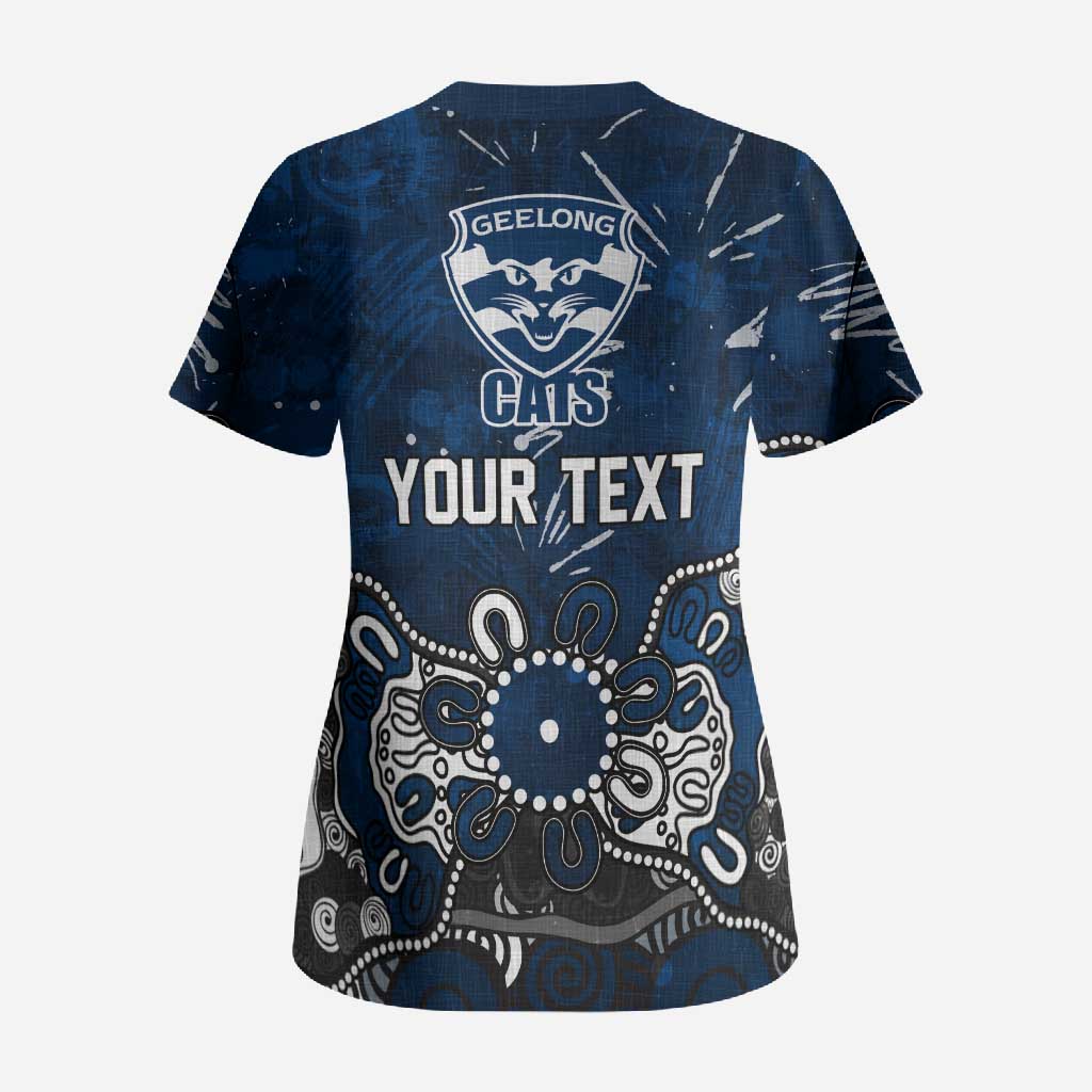 Personalized Geelong Cats Scrub Top Aboriginal Dot Painting Graffiti Style