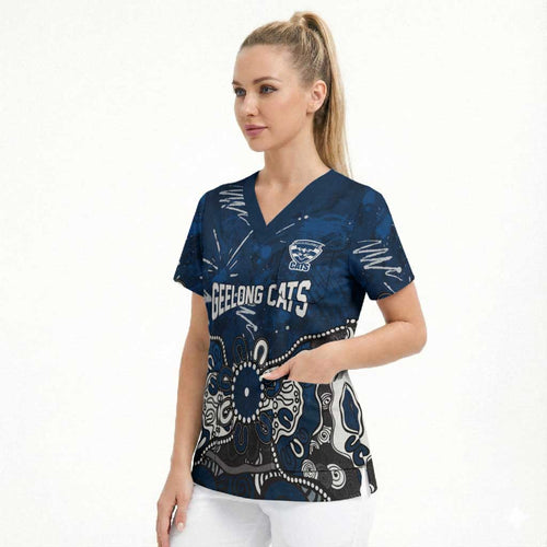 Personalized Geelong Cats Scrub Top Aboriginal Dot Painting Graffiti Style