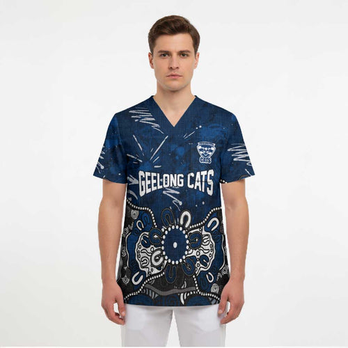 Personalized Geelong Cats Scrub Top Aboriginal Dot Painting Graffiti Style