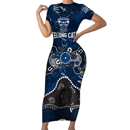 Personalized Geelong Cats Short Sleeve Bodycon Dress Aboriginal Dot Painting Graffiti Style
