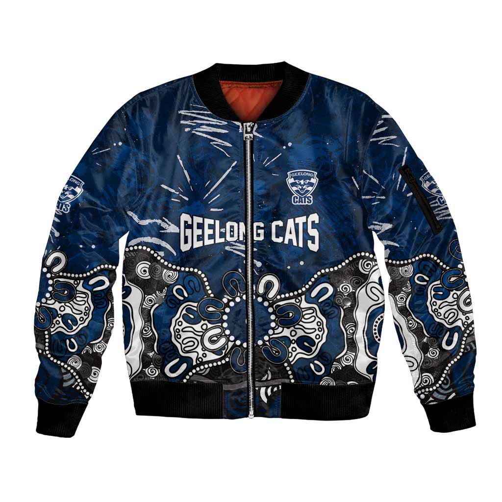 Personalized Geelong Cats Sleeve Zip Bomber Jacket Aboriginal Dot Painting Graffiti Style