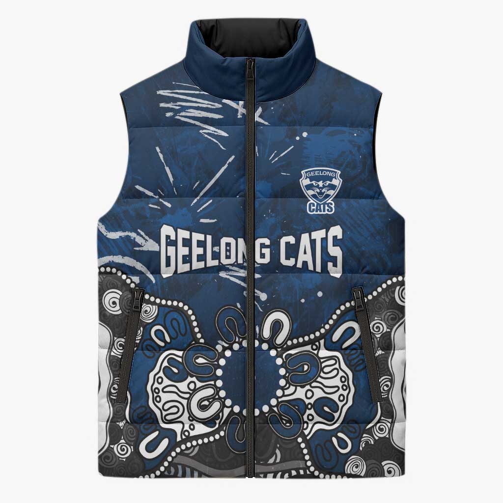 Personalized Geelong Cats Sleeveless Puffer Jacket Aboriginal Dot Painting Graffiti Style