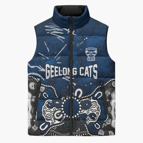 Personalized Geelong Cats Sleeveless Puffer Jacket Aboriginal Dot Painting Graffiti Style