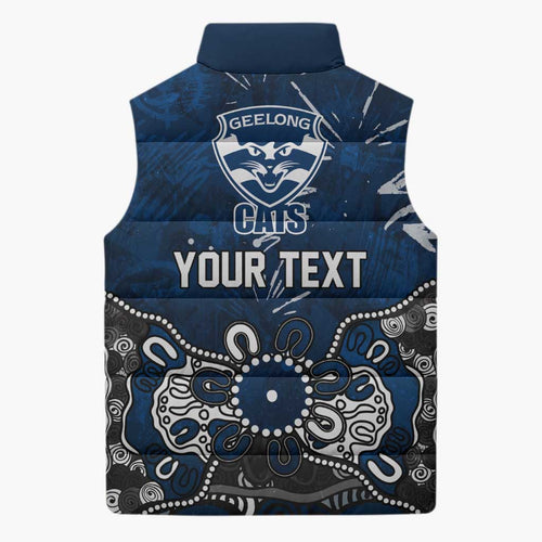 Personalized Geelong Cats Sleeveless Puffer Jacket Aboriginal Dot Painting Graffiti Style
