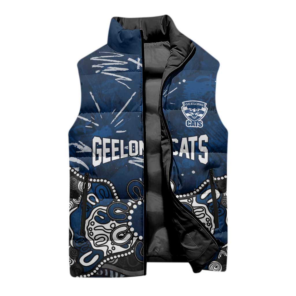 Personalized Geelong Cats Sleeveless Puffer Jacket Aboriginal Dot Painting Graffiti Style