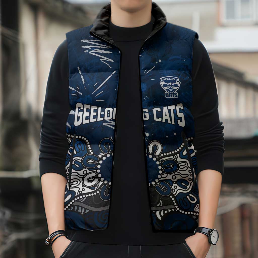 Personalized Geelong Cats Sleeveless Puffer Jacket Aboriginal Dot Painting Graffiti Style