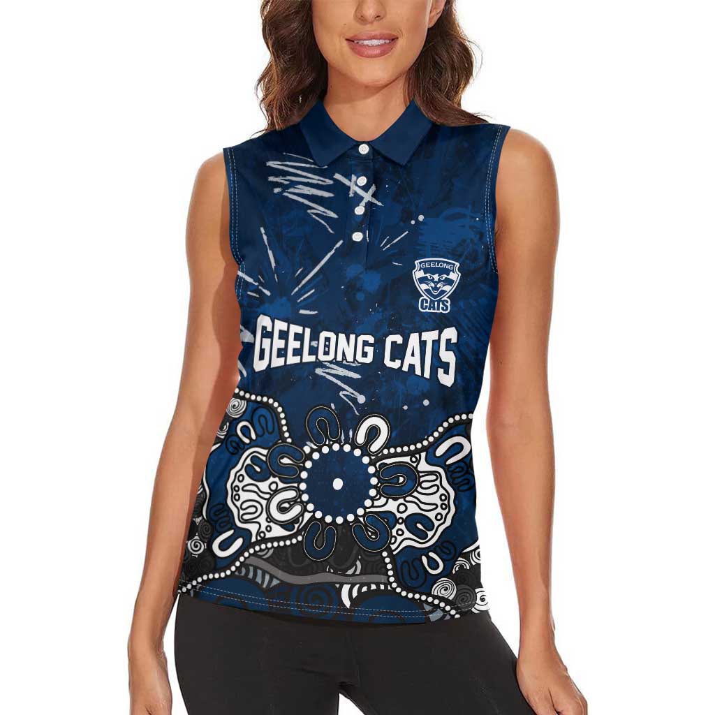 Personalized Geelong Cats Women Sleeveless Polo Shirt Aboriginal Dot Painting Graffiti Style