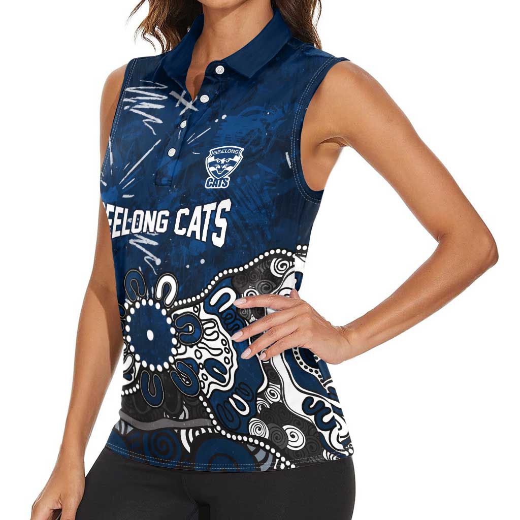 Personalized Geelong Cats Women Sleeveless Polo Shirt Aboriginal Dot Painting Graffiti Style
