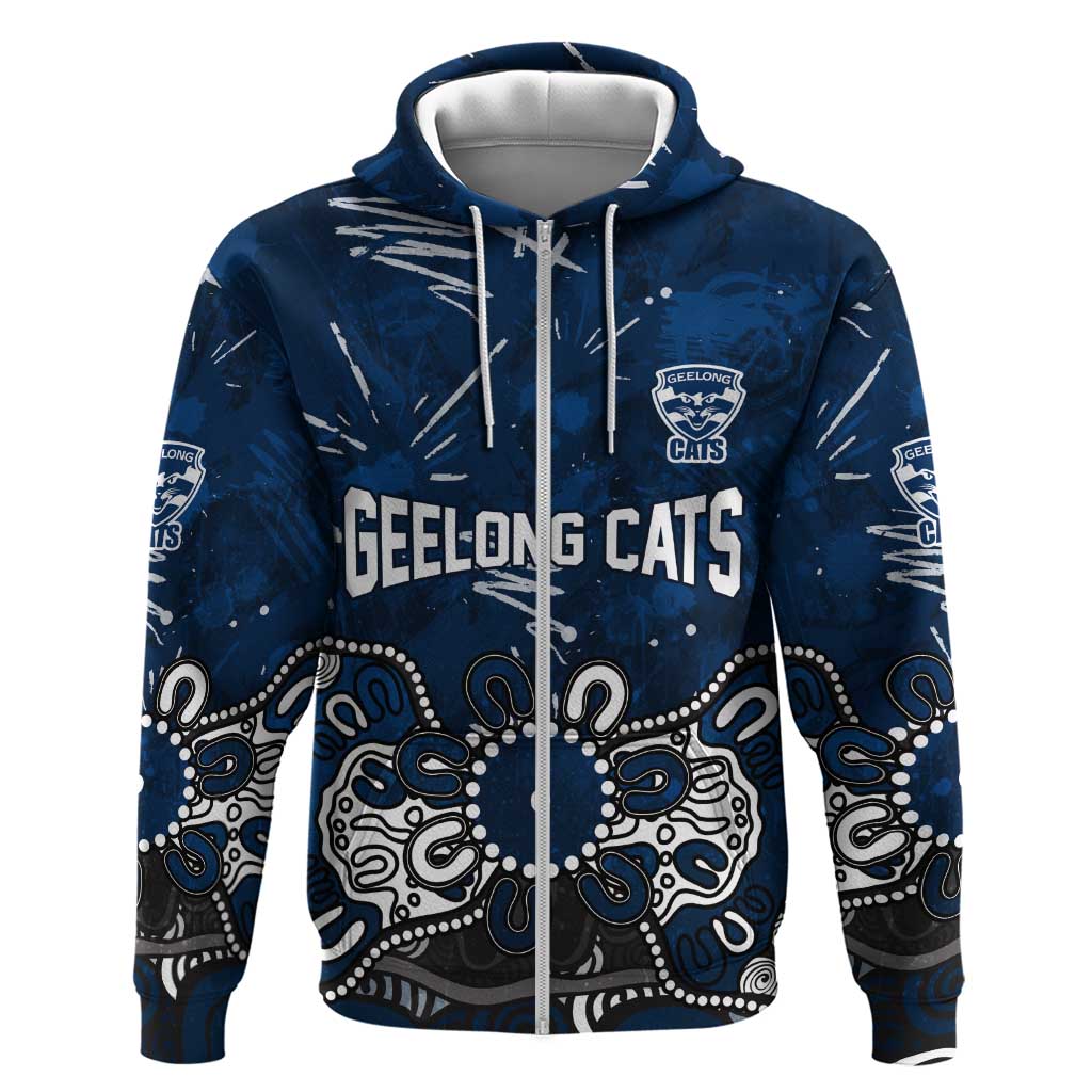 Personalized Geelong Cats Zip Hoodie Aboriginal Dot Painting Graffiti Style