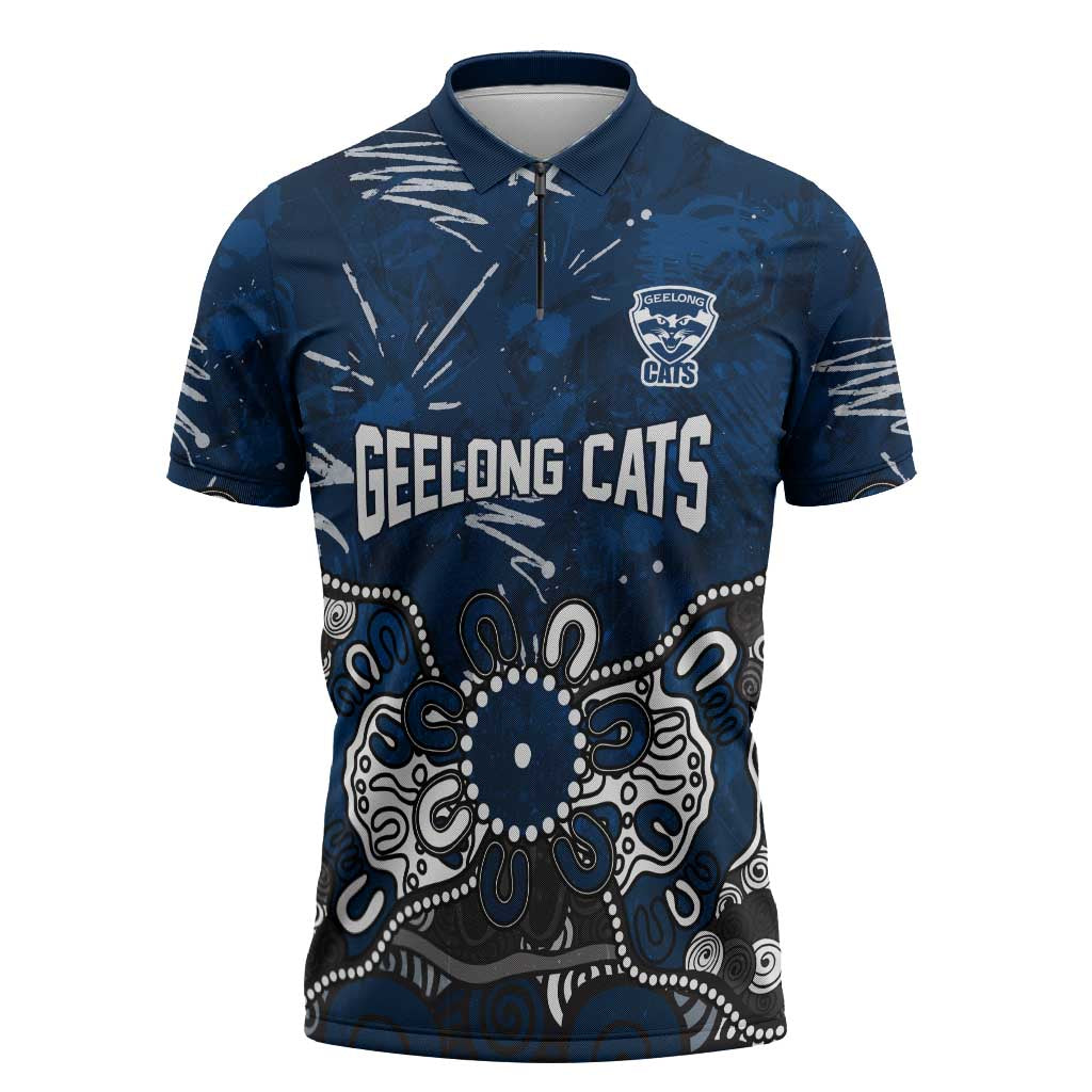 Personalized Geelong Cats Zipper Polo Shirt Aboriginal Dot Painting Graffiti Style