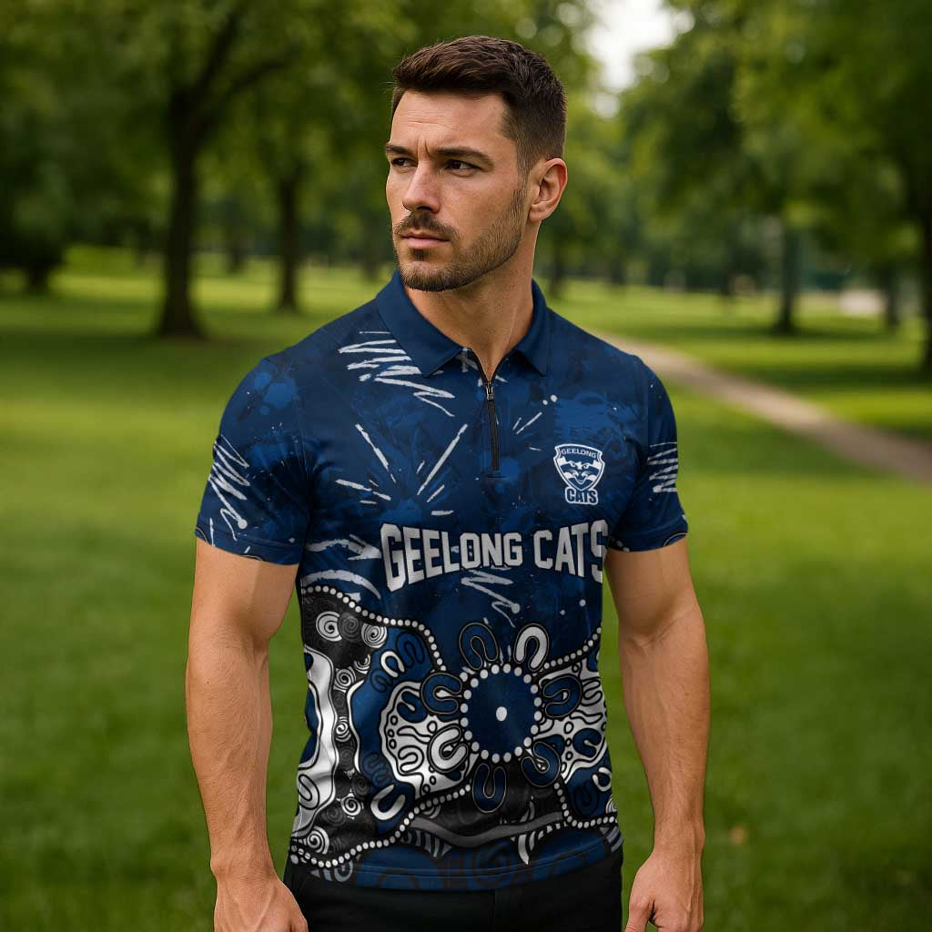 Personalized Geelong Cats Zipper Polo Shirt Aboriginal Dot Painting Graffiti Style