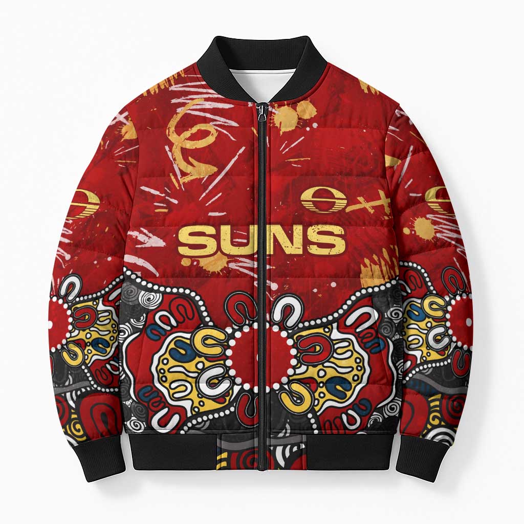 Personalized Gold Coast Suns Bomber Puffer Jacket Aboriginal Dot Painting Graffiti Style