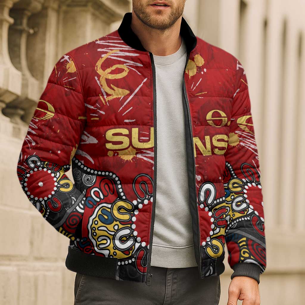 Personalized Gold Coast Suns Bomber Puffer Jacket Aboriginal Dot Painting Graffiti Style