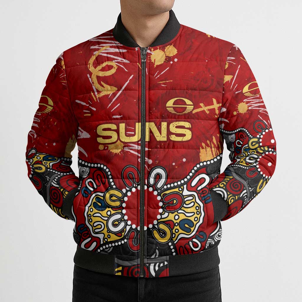 Personalized Gold Coast Suns Bomber Puffer Jacket Aboriginal Dot Painting Graffiti Style
