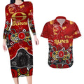 Personalized Gold Coast Suns Couples Matching Long Sleeve Bodycon Dress and Hawaiian Shirt Aboriginal Dot Painting Graffiti Style