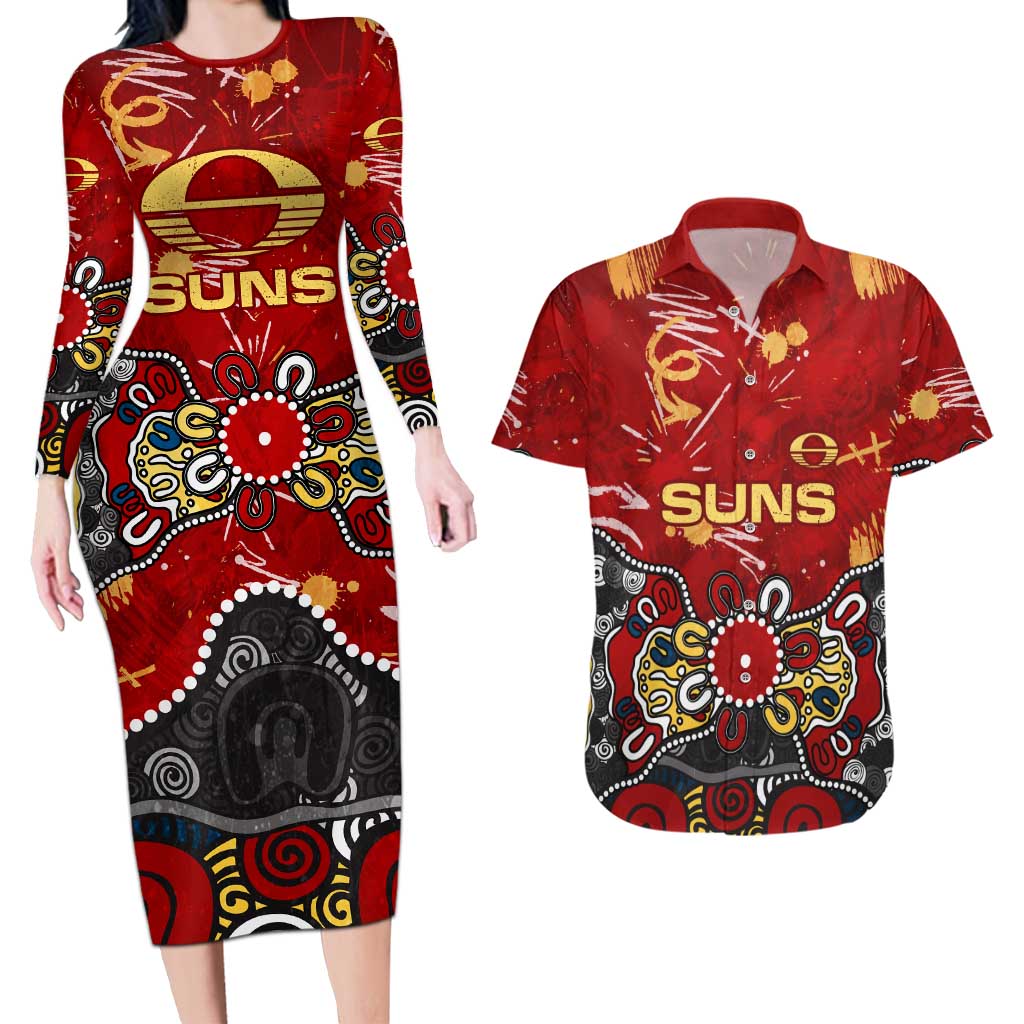 Personalized Gold Coast Suns Couples Matching Long Sleeve Bodycon Dress and Hawaiian Shirt Aboriginal Dot Painting Graffiti Style