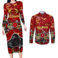 Personalized Gold Coast Suns Couples Matching Long Sleeve Bodycon Dress and Long Sleeve Button Shirt Aboriginal Dot Painting Graffiti Style