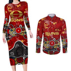 Personalized Gold Coast Suns Couples Matching Long Sleeve Bodycon Dress and Long Sleeve Button Shirt Aboriginal Dot Painting Graffiti Style