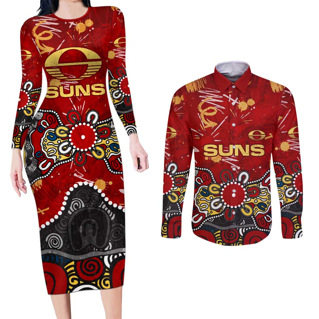 Personalized Gold Coast Suns Couples Matching Long Sleeve Bodycon Dress and Long Sleeve Button Shirt Aboriginal Dot Painting Graffiti Style